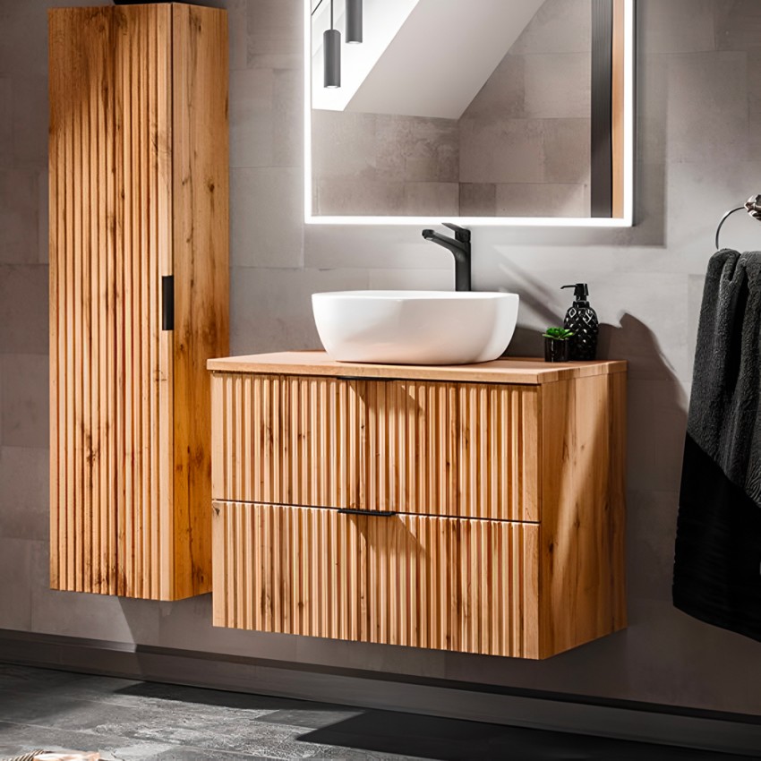 Hängendes Badezimmerschrank aus Holz mit Schubladen und Aufsatzwaschbecken Adel Wood